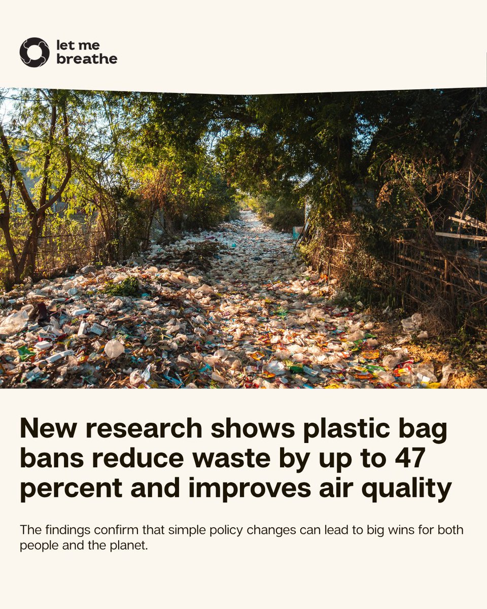 Plastic bag bans led to a 25–47% drop in plastic waste, according to a new peer-reviewed study.

The biggest gains? Less trash and fewer toxic emissions from burning plastic.

#PlasticFreeJuly #AirQuality
