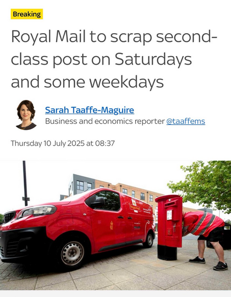 Privatised Royal Mail, doesn't deliver letters.