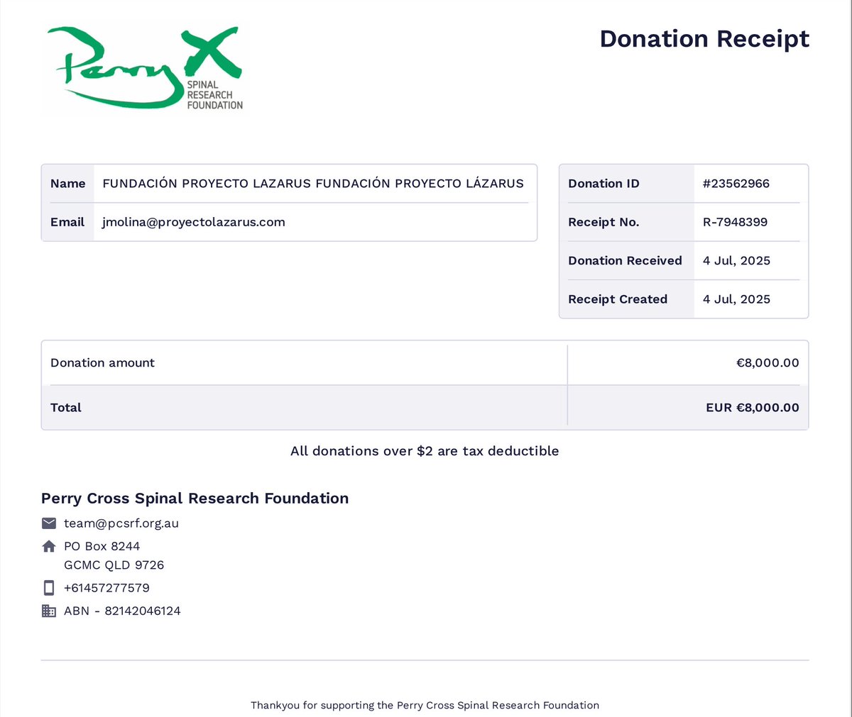 Fundación Proyecto Lázarus (@proyectolazarus) on Twitter photo Continuamos nuestro apoyo, esta vez con 8.000 €, a la Fundación Australiana <a href="/perryxfndn/">PerryCrossFoundation</a> que cada día está más cerca de empezar el esperanzador ensayo "Spinal cord injury nerve bridge transplantation trial" que tendrá lugar en Univ. de Griffith, Gold Coast, Queensland, Australia Continuamos nuestro apoyo, esta vez con 8.000 €, a la Fundación Australiana <a href="/perryxfndn/">PerryCrossFoundation</a> que cada día está más cerca de empezar el esperanzador ensayo "Spinal cord injury nerve bridge transplantation trial" que tendrá lugar en Univ. de Griffith, Gold Coast, Queensland, Australia