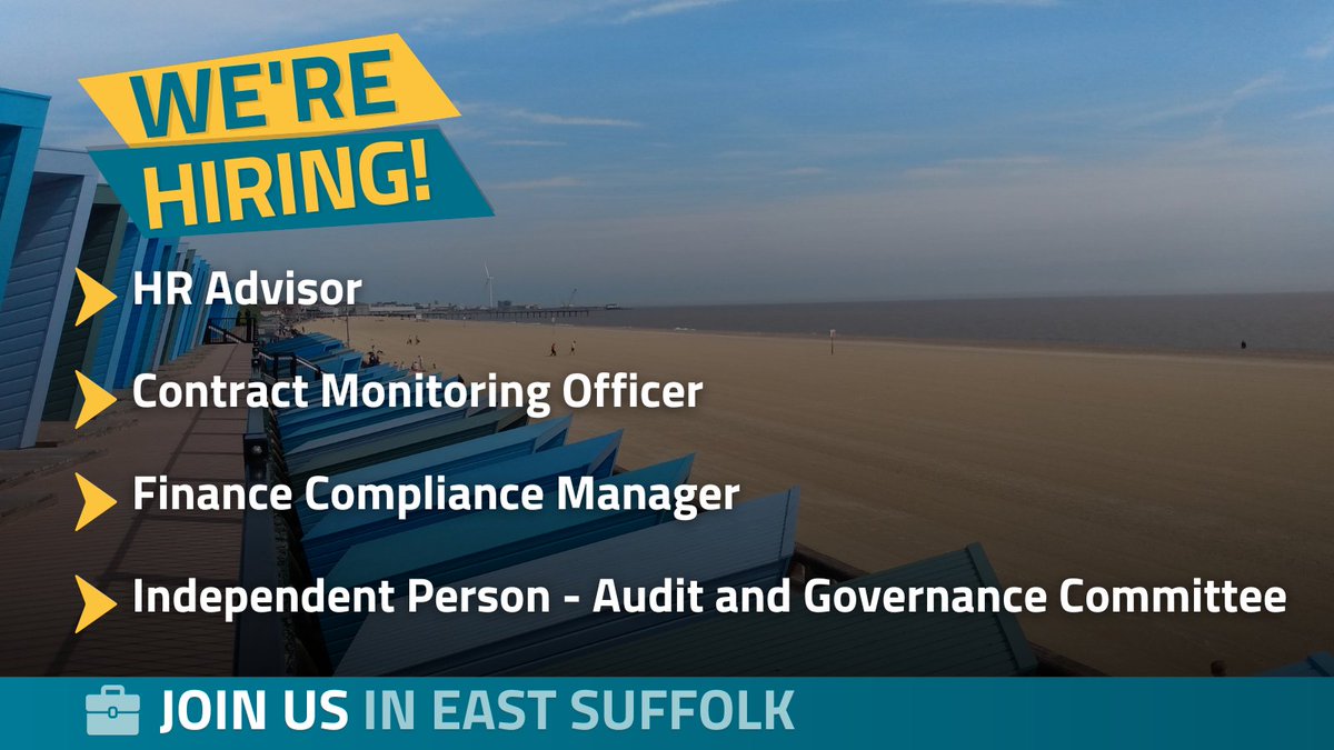Current vacancies: 

- HR Advisor
bit.ly/46Fttbk

- Contract Monitoring Officer 

bit.ly/40cWRC1

- Finance Compliance Manager
bit.ly/4eGU8Xe

- Independent Person - Audit and Governance Committee
bit.ly/3ID4mMk

#JoinEastSuffolk