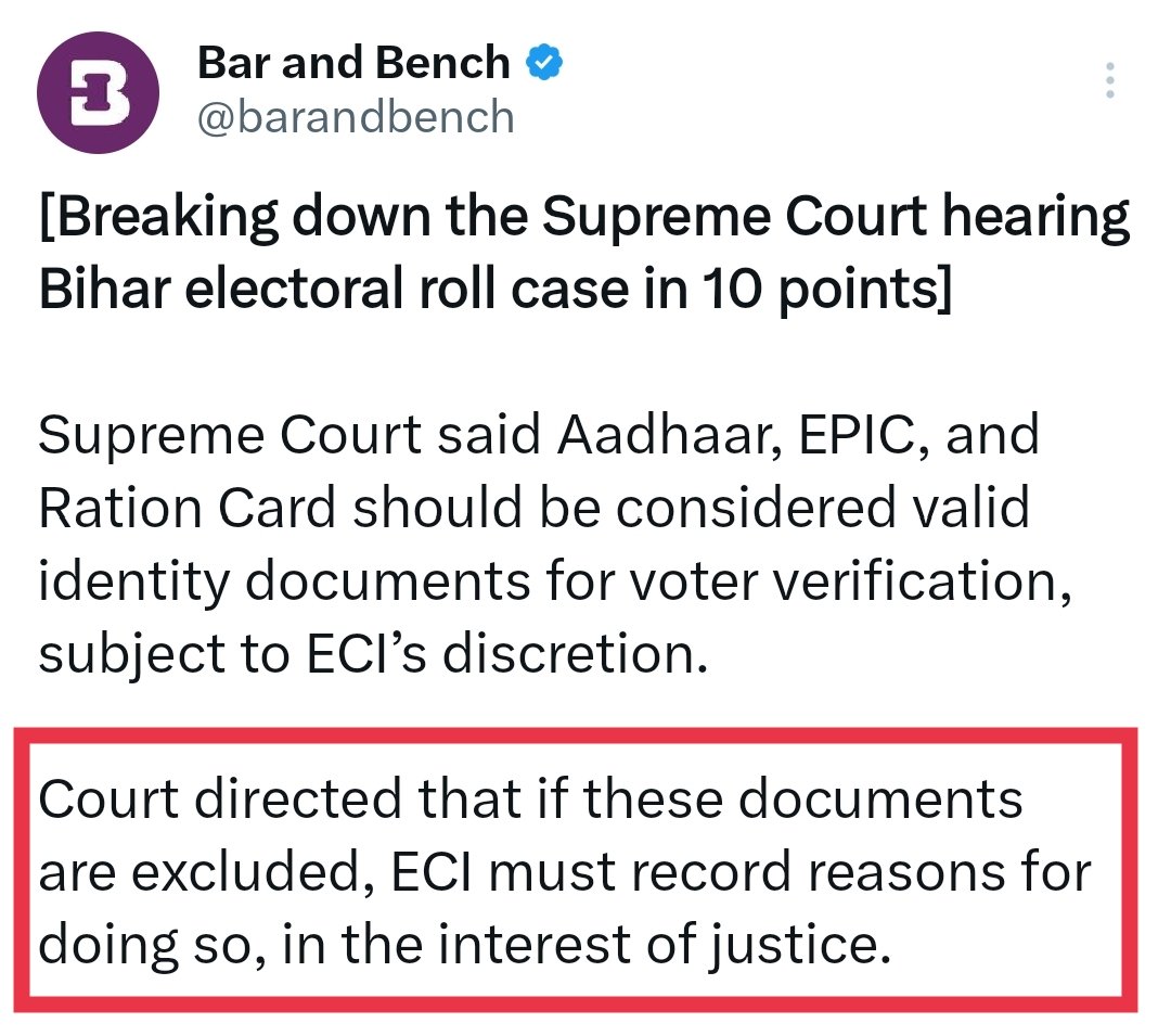Before the darbari media twist the supreme court comments, here is what actually Supreme court said today

- No stay order, SC allows Bihar draft electoral rolls work to continue
- Supreme court just suggested EC to think about Adhar card, Voter ID, Ration card as valid document