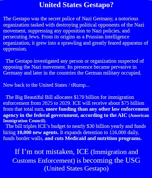 We are watching the 2025 version of Germany's Third Reich in the US.  We must stand up to this, or you could be shopping and these goons (ICE agents) could make you disappear as they did to many others. It is no longer a guarantee that legal citizens are exempt from ICE brutality
