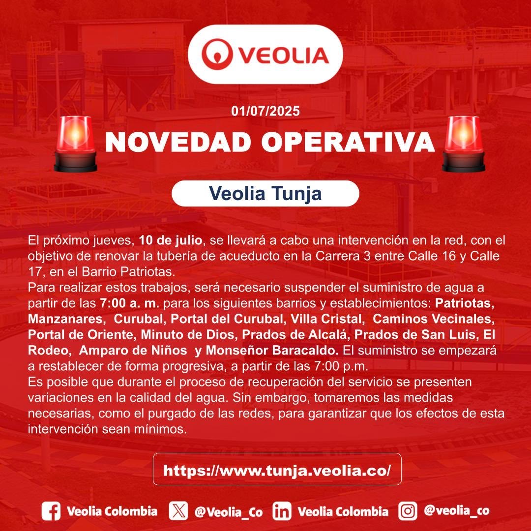 🟥⬛️ Información de servicio de <a href="/Veolia_Tunja/">Veolia Tunja</a>:

Hoy jueves 10 de julio se cortará el agua en 23 barrios de Tunja desde las 7 a.m. El corte es por trabajos en la tubería que lleva el agua a la ciudad. El servicio volverá poco a poco entre la noche de hoy y la madrugada del viernes