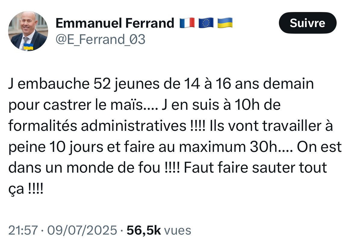 Le mec pleure parce qu’il faut qu’il fasse de la paperasse pour pouvoir faire bosser des enfants, et en plus il en fait un tweet.