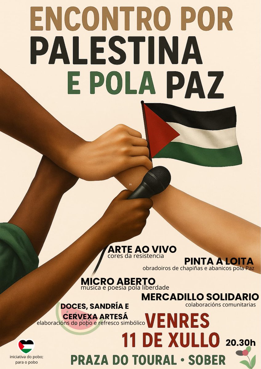 Onda Cero Monforte (@onda0monforte) on Twitter photo Este venres 11 de xullo terá lugar na Praza do Toural, <a href="/ConcellodeSober/">Concello de Sober</a> , o Encontro por Palestina e pola Paz. Haberá arte ao vivo, obradoiros, música, mercadillo e bebidas artesanais. A partir das 13:30h conversa con nós Paula Vázquez Verao para contárnolo polo míudo. Este venres 11 de xullo terá lugar na Praza do Toural, <a href="/ConcellodeSober/">Concello de Sober</a> , o Encontro por Palestina e pola Paz. Haberá arte ao vivo, obradoiros, música, mercadillo e bebidas artesanais. A partir das 13:30h conversa con nós Paula Vázquez Verao para contárnolo polo míudo.