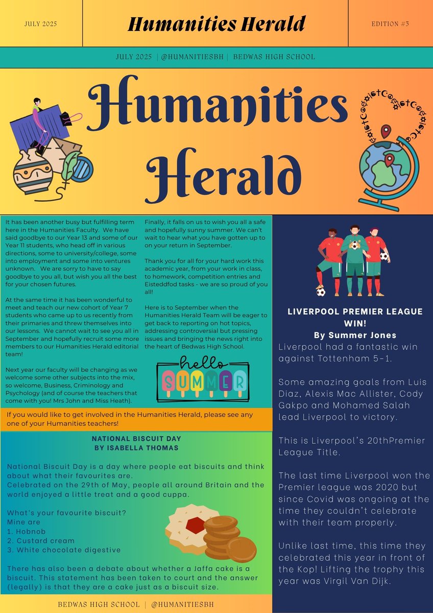 HumanitiesBH's tweet image. Please read the latest issue of our Humanities Herald, created by our fantastic Year 7 helpers. It's been a fantastic year for Team Humanities at Bedwas!