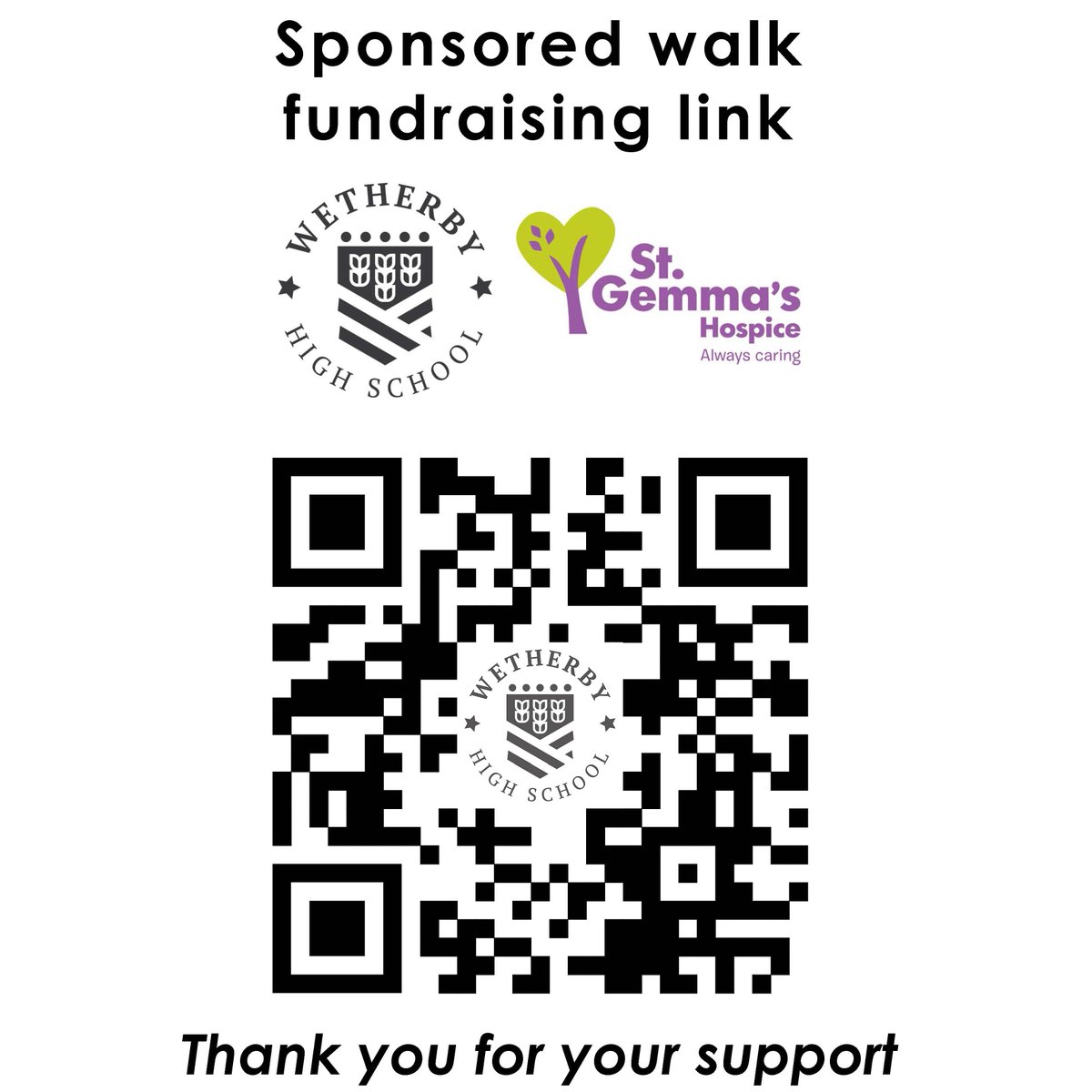 Wetherby High School (@wetherbyhigh) on Twitter photo 🚶♀️| WHS Sponsored Walk 2025!
On Thursday 17th July, our whole school community will lace up their walking shoes for our annual Sponsored Walk. This year in support of the incredible work done by <a href="/stgemmashospice/">St Gemma's Hospice</a>
Donate now: justgiving.com/page/whs-spons… or use the QR Code below. 🚶♀️| WHS Sponsored Walk 2025!
On Thursday 17th July, our whole school community will lace up their walking shoes for our annual Sponsored Walk. This year in support of the incredible work done by <a href="/stgemmashospice/">St Gemma's Hospice</a>
Donate now: justgiving.com/page/whs-spons… or use the QR Code below.