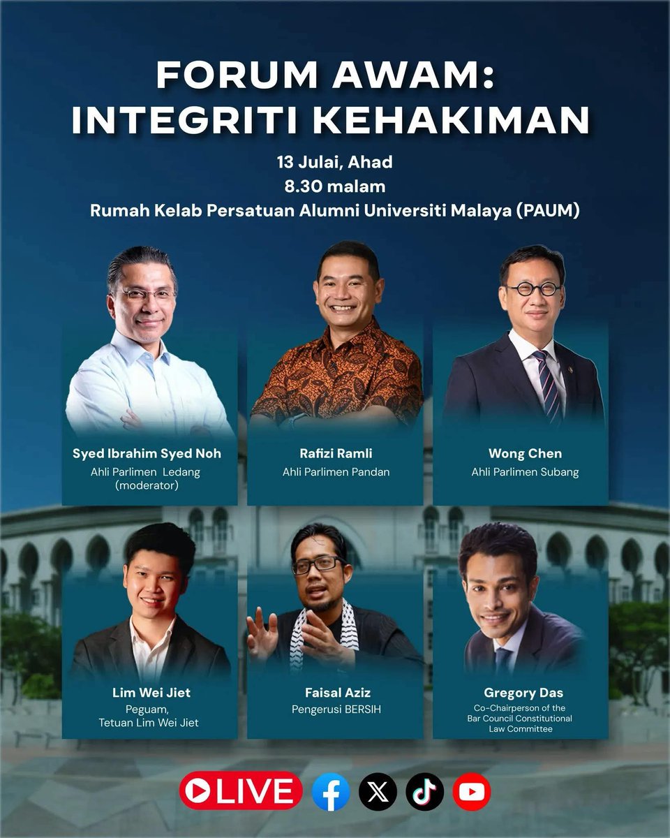 𝗙𝗢𝗥𝗨𝗠 𝗔𝗪𝗔𝗠: 𝗜𝗡𝗧𝗘𝗚𝗥𝗜𝗧𝗜 𝗞𝗘𝗛𝗔𝗞𝗜𝗠𝗔𝗡

Sebagai tindakan susulan sidang media Ahli Parlimen KEADILAN pada 7 Julai 2025 mengenai kemelut institusi kehakiman, forum awam pertama akan dianjurkan seperti berikut:

𝗧𝗮𝗿𝗶𝗸𝗵: 13 Julai 2025, Ahad

𝗠𝗮𝘀𝗮: 8.30