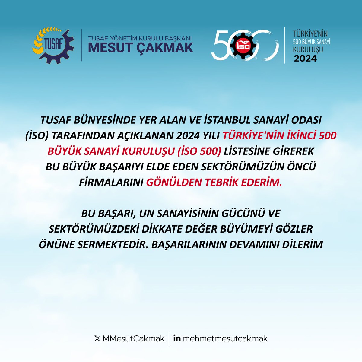 2024 yılı İSO İkinci 500 listesinde yer alarak, un sektörümüzün gücünü ve potansiyelini bir kez daha ortaya koyan sanayicilerimizi kutluyorum.

Bu başarı, sektörümüzdeki istikrarlı büyümenin ve emeğin bir göstergesidir.

Tüm firmalarımıza başarılarının devamını diliyorum.

#TUSAF