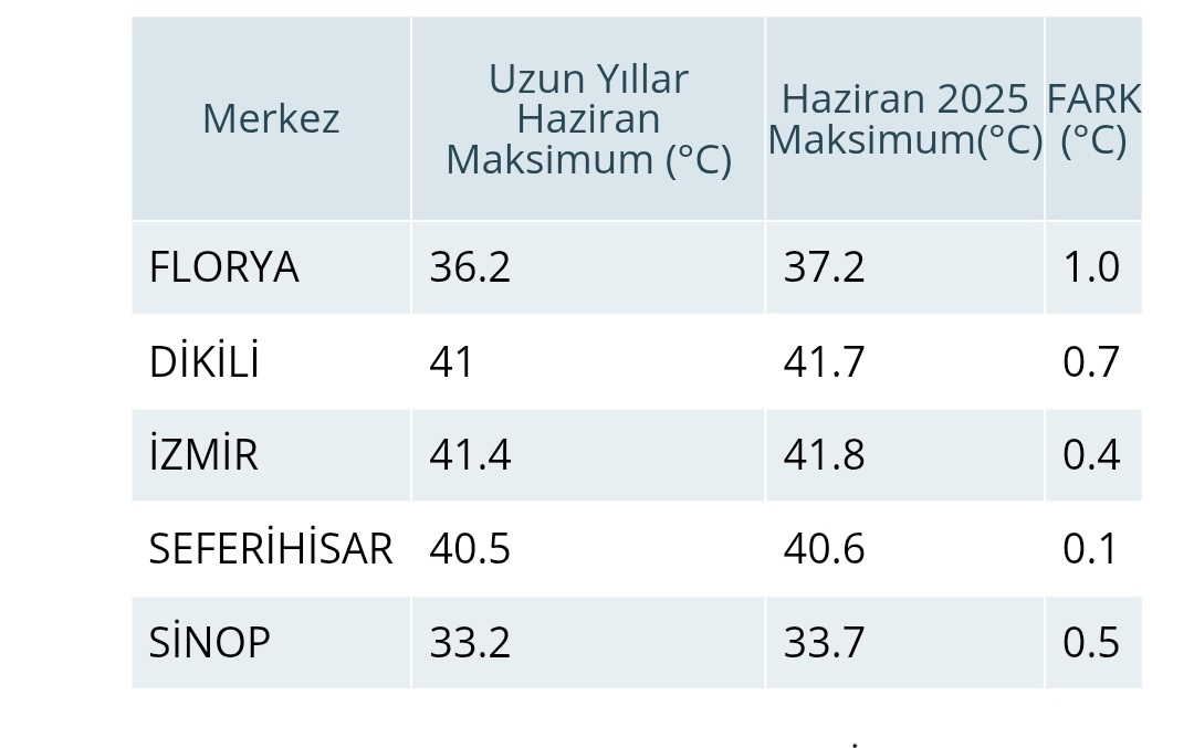 Resmi kaynaklara göre 2025 Haziran'da bazı illerimizdeki istasyonlarda kaydedilen rekor sıcaklar.
