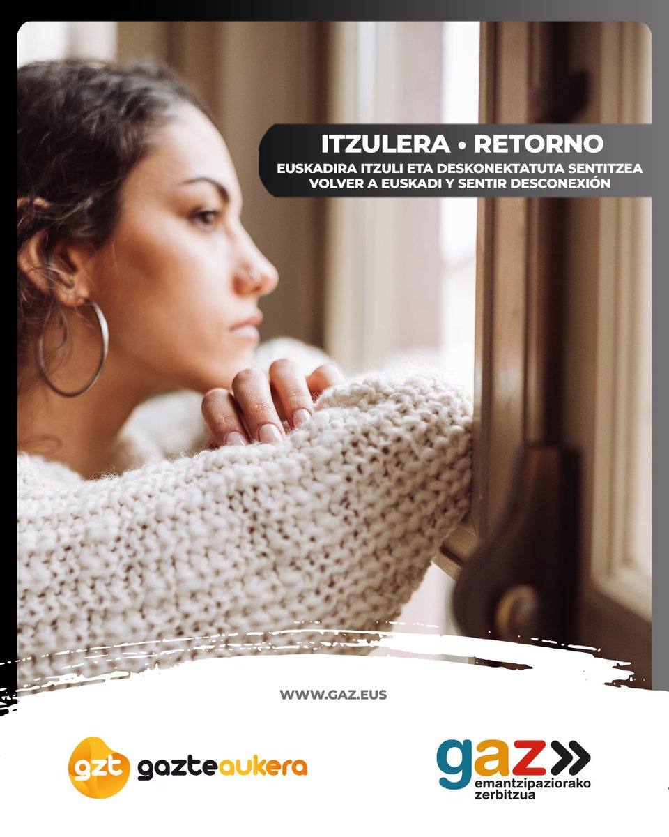 Euskadira itzuli zara eta zure ingurunearekiko deskonektatuta sentitzen zara?
🔙Itzultzea ez da beti erraza. Horregatik, GAZetik lagundu nahi dizugu etxean bezala senti zaitezen berriz.
🔗labur.eus/4dp04qvx
--
¿Has vuelto a Euskadi y sientes desconexión con tu entorno?