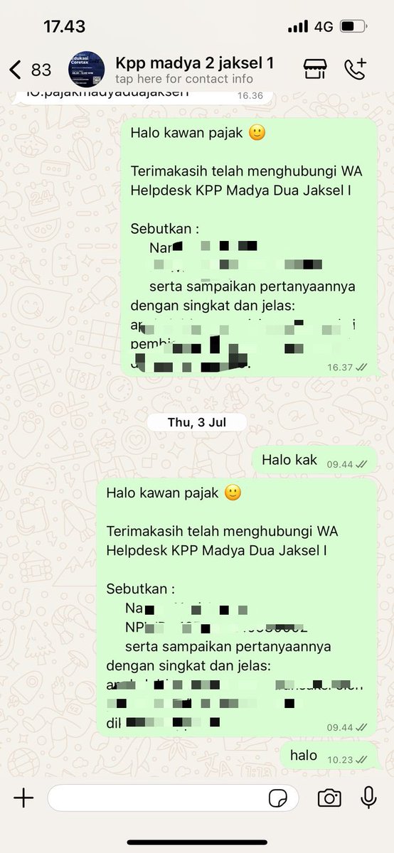 lifewithocc's tweet photo. ini kpp madya dua jaksel 1 kenapa yaa min kalo dichat susah dan lamaa bgt balesnya. bahkan kadang g dibales kayak gini? fungsinya apa ada helpdesk?!! @kring_pajak @krimg 
minimal kalo gatau jawabannya tuh dibales, sama2 ngertiin lah pelayanan masyarakatny gmn https://t.co/fxwOfnSKQW