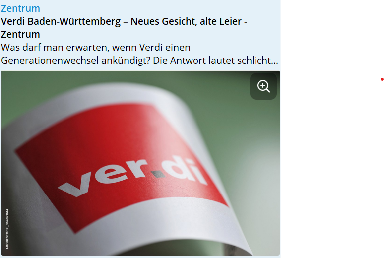 Erfüllt Verdi`s neue Landeschefin aus Baden-Württemberg die Hoffnungen der Mitglieder in Bezug auf die Ausrichtung der Gewerkschaft?
Hier die Einschätzung der alternativen Gewerkschaft Zentrum.

zentrumgewerkschaft.de/verdi-baden-wu…