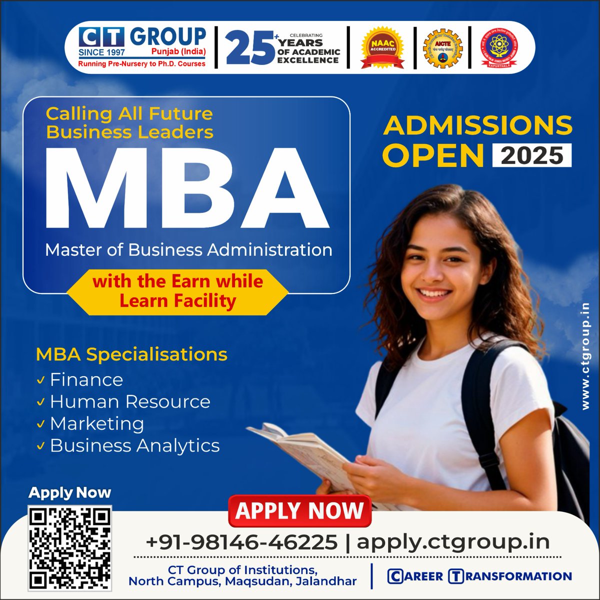 CT_northcampus's tweet photo. Step into the world of business leadership with our MBA program! 🌟 Admissions Open 2025 — Apply Now and transform your career with Earn while Learn facility. 📈📚
#MBA #CareerTransformation #CTGroup https://t.co/0cLQIXImAU