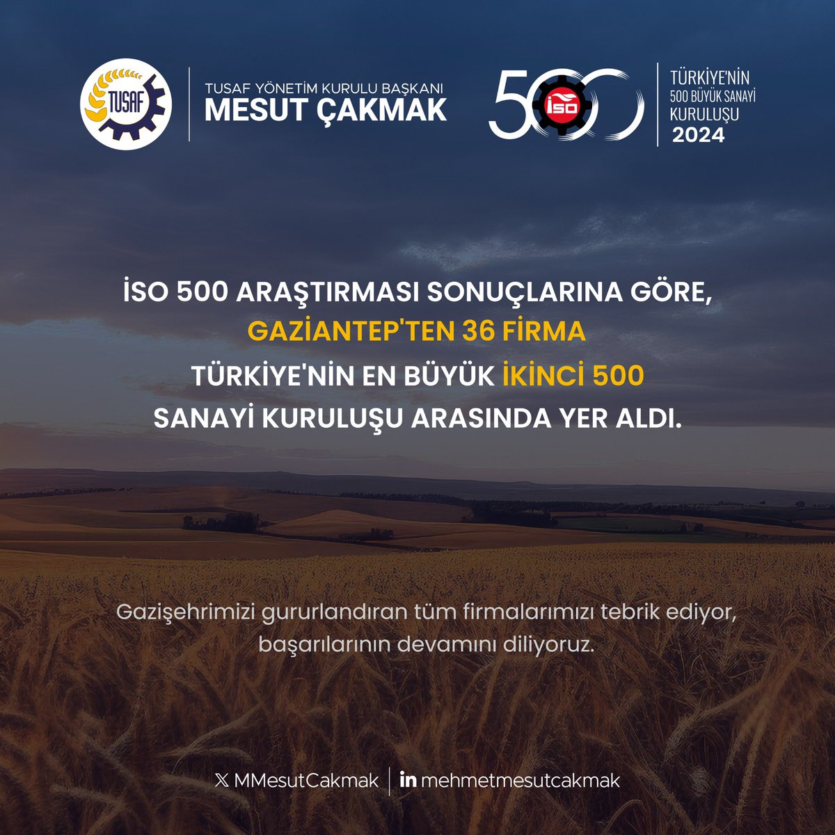 İSO İkinci 500 listesinde Gaziantep’ten 36 firmanın yer alması, şehrimizin üretim gücünü bir kez daha ortaya koydu.

Bu başarıda emeği olan tüm firmalarımızı yürekten kutluyor, sürdürülebilir büyümelerinin devamını diliyorum.

#İSO500 #İkinci500 #GaziantepSanayisi #TUSAF