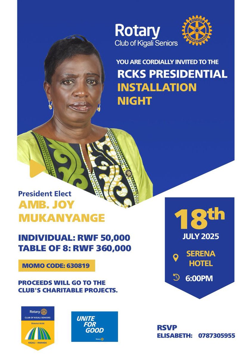 Rotary Kigali Seniors (@rotarykigalisr) on Twitter photo Just over one week until the installation of Joy Mukanyange as club President and tables are filling up!
Join us as we celebrate achievements of the past year and welcome new service commitments.
Book your seat with Rotarian <a href="/ElisabethJT/">Elisabeth Jeannette</a> ! Just over one week until the installation of Joy Mukanyange as club President and tables are filling up!
Join us as we celebrate achievements of the past year and welcome new service commitments.
Book your seat with Rotarian <a href="/ElisabethJT/">Elisabeth Jeannette</a> !