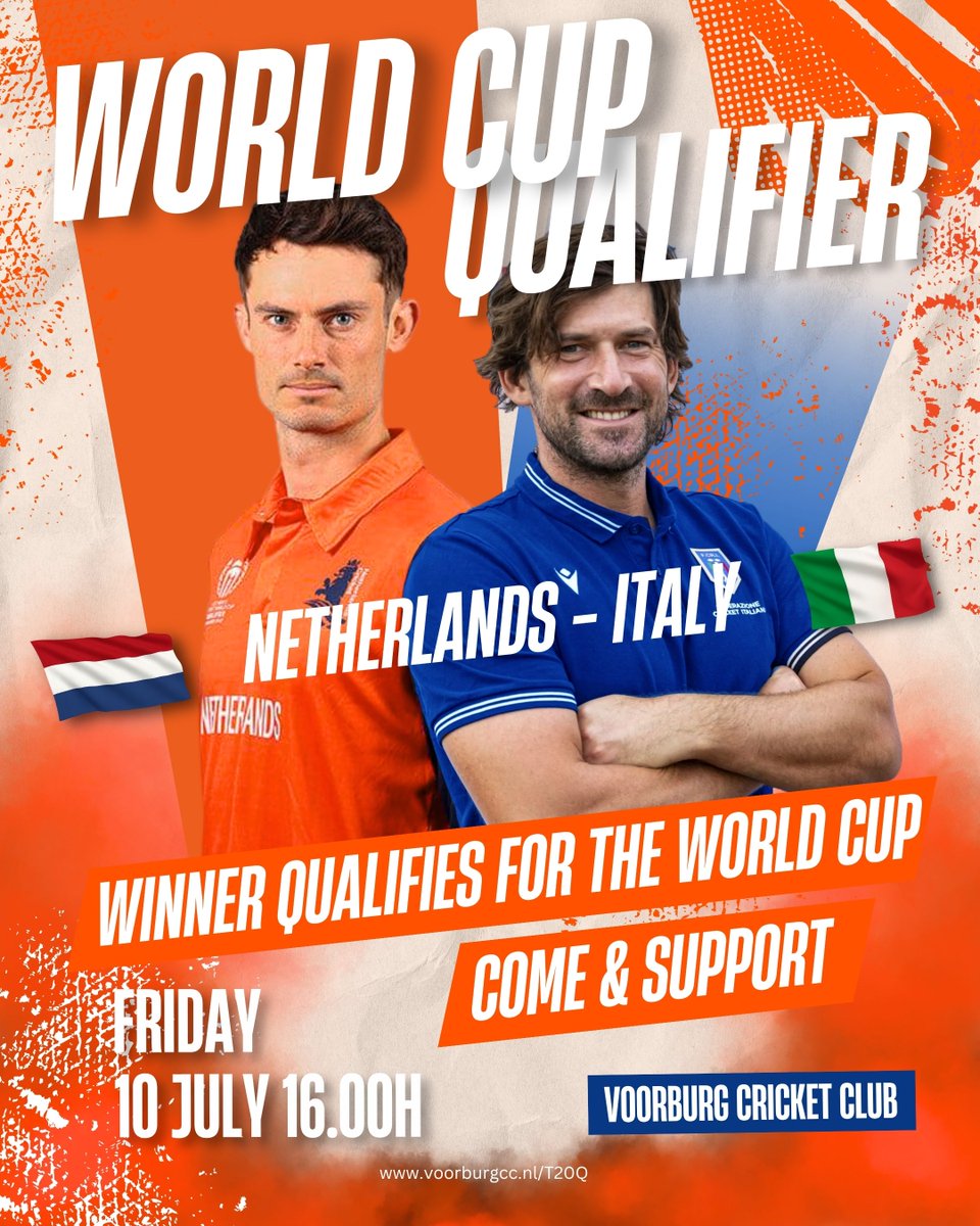 Friday at 4 PM, the crucial 🏏T20 match between the 🇳🇱 Netherlands v 🇮🇹 Italy 
🚩Sportpark Westvliet, Groene Zoom 20, Den Haag
The winner qualifies for the 2026 T20 World Cup 

Italy is not to be taken lightly and it already stunned Scotland💪🏼
#CricketNL #T20WorldCup #NEDvsITA