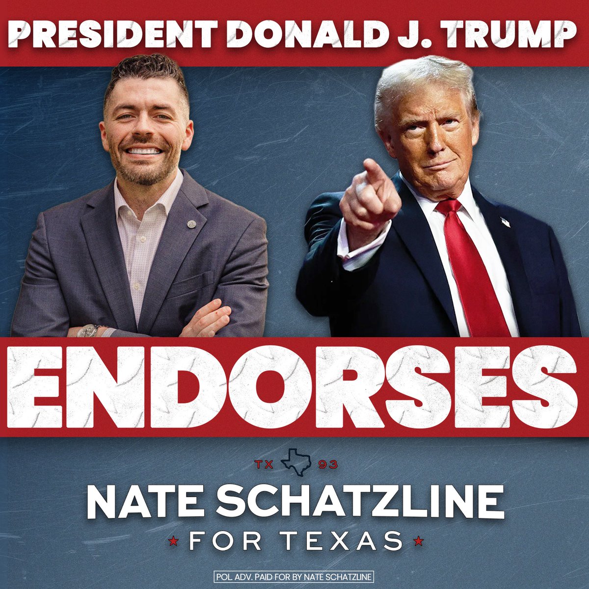 NateSchatzline's tweet image. 🚨BREAKING: I am proud to announce that I have been endorsed by the greatest President of my lifetime @realDonaldTrump
I can’t wait to continue fighting alongside President Trump for our Texas Conservative Values & MAKE AMERICA GREAT AGAIN for this generation & the next! #MAGA