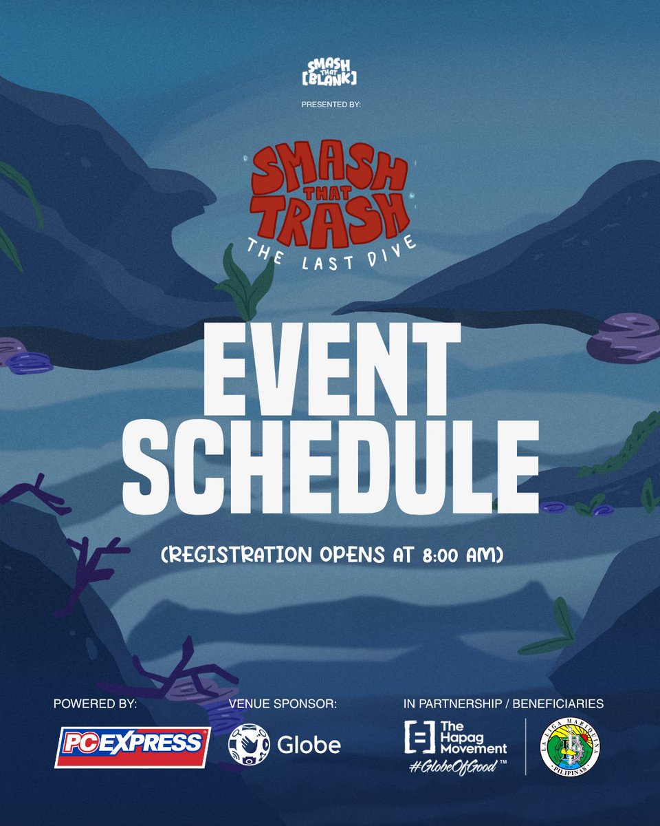 SmashThatBlank's tweet image. Here’s the schedules for Smash that Trash: The Last Dive for Day 1 and Day 2 🌊 Find out when your tournaments start and end here ⏰

#SmashThatTrash #event #gaming #environment