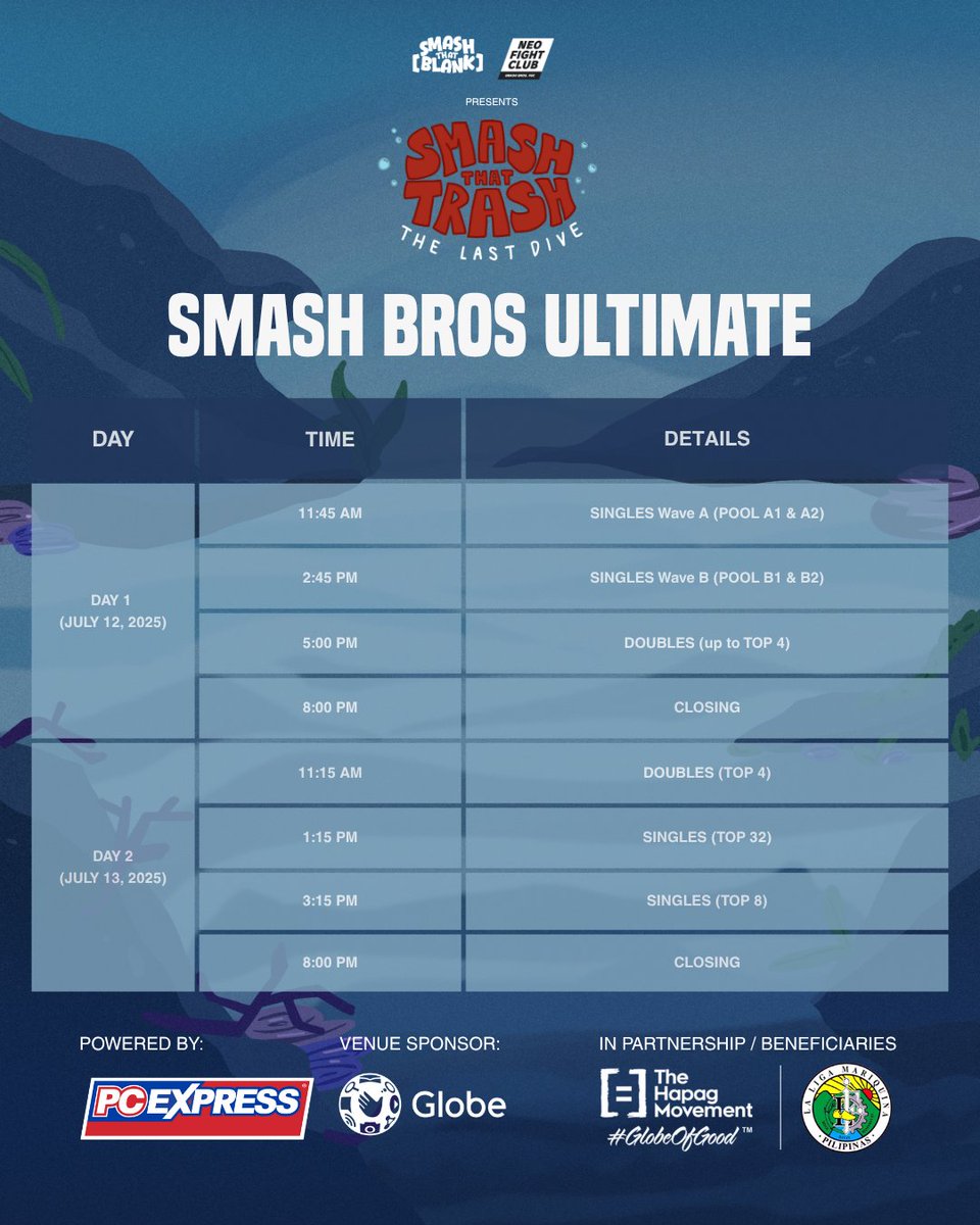 SmashThatBlank's tweet image. Here’s the schedules for Smash that Trash: The Last Dive for Day 1 and Day 2 🌊 Find out when your tournaments start and end here ⏰

#SmashThatTrash #event #gaming #environment