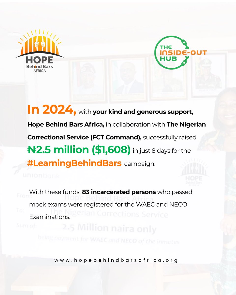 hopebehindbar's tweet photo. Last year, thanks to your incredible support, our #LearningBehindBars campaign sponsored over 80 Justice-Impacted Individuals in Kuje and Suleja Correctional Facilities to sit for their WAEC and NECO exams.
We are proud to report that they did exceptionally well, with a Pass Rate of 98.4% (NECO), and 72.2% (WAEC).
These results prove that many people behind bars are eager to be rehabilitated and contribute meaningfully to society, if only they’re given the opportunity. Your support made that possible.
This year, we are doing it again, and aiming even higher!
For the 2025 #LearningBehindBars Campaign, we want to Sponsor 150 Justice Impacted Individuals for their WAEC and NECO exams.
We need your help to make this happen.
Donate via GoFundMe: https://t.co/14HYwfkXol
OR through our Account Numbers
Union Bank (Naira): 0225523826 (Learning Behind Bars)
Union Bank (USD): 0171849973
In the long run, we are calling on The Nigerian Government, The Ministry of Education and all stakeholders in the Educational Sector, as well as Private sector Stakeholders to help facilitate Exam Waivers for Indigent Persons behind bars.