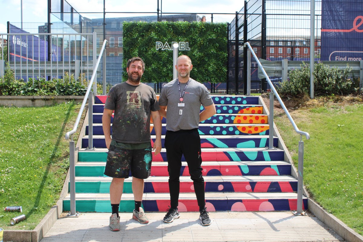 We've teamed up with Qubek Manchester to bring colour, creativity &amp; curiosity to Stockport.

The bold new artwork leads the way to our new outdoor Padel court at Stockport Exchange, making people stop, smile &amp; step in.

Read more: bit.ly/4nEo6iQ