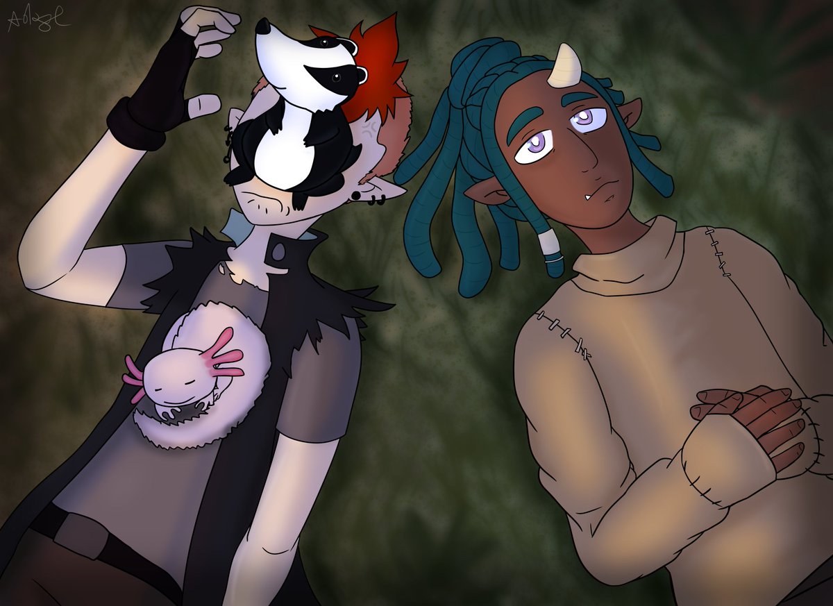 lemonicetea92's tweet image. Another artfight attack, with @ChickRiiko's toh characters
Fëdor and Harv (and their palismen) ❤️
As soon as I saw these two I knew I wanted to draw them both!
I especially love Harv design, and I really liked drawing their face (poor fëdor got his covered by his palisman xD)