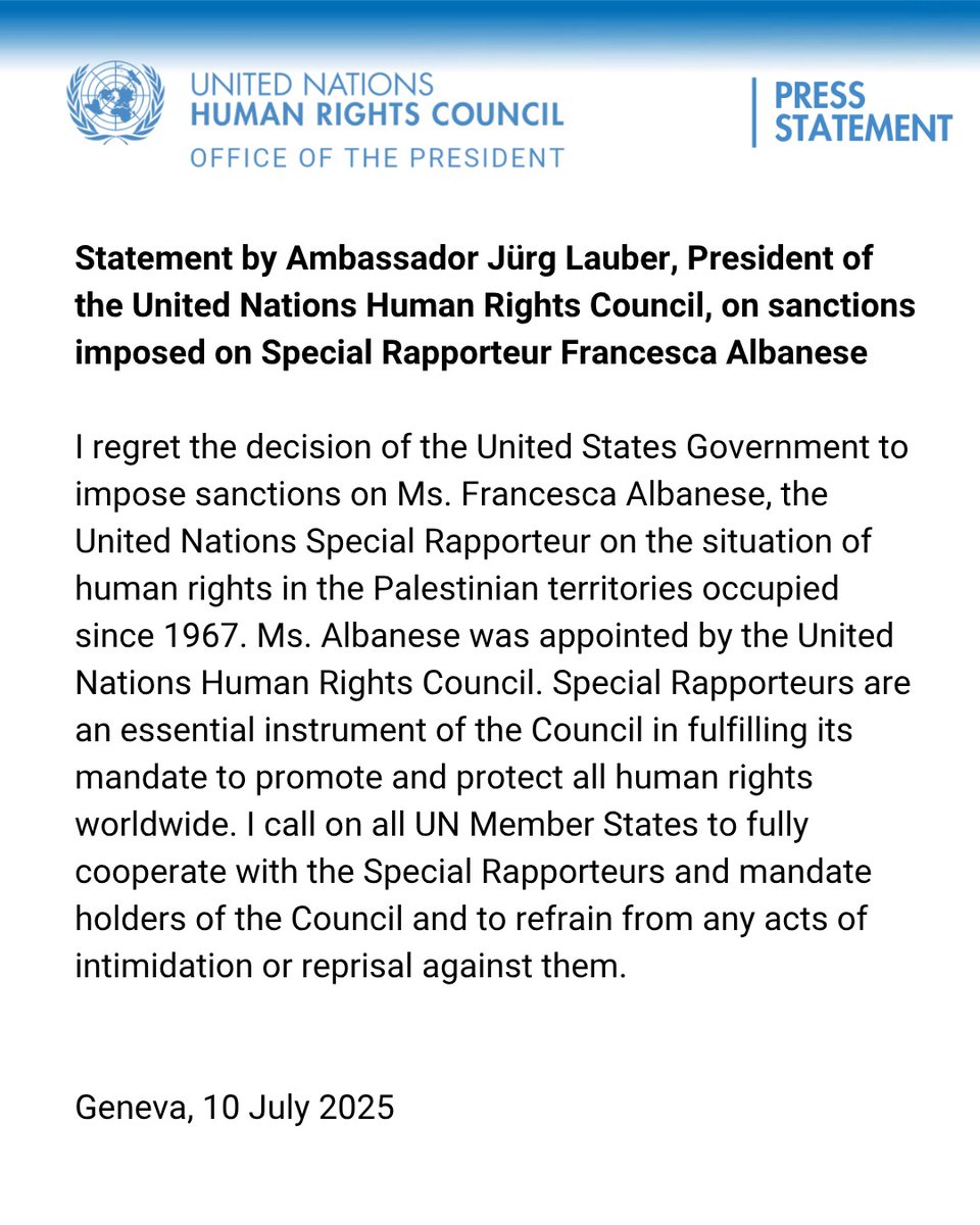 UN Human Rights Council (@un_hrc) on Twitter photo Statement by Ambassador Jürg Lauber, President of the <a href="/UN/">United Nations</a> Human Rights Council, on sanctions imposed on Francesca Albanese (<a href="/FranceskAlbs/">Francesca Albanese, UN Special Rapporteur oPt</a>), the Special Rapporteur on the situation of human rights in the Palestinian territories occupied since 1967. Statement by Ambassador Jürg Lauber, President of the <a href="/UN/">United Nations</a> Human Rights Council, on sanctions imposed on Francesca Albanese (<a href="/FranceskAlbs/">Francesca Albanese, UN Special Rapporteur oPt</a>), the Special Rapporteur on the situation of human rights in the Palestinian territories occupied since 1967.