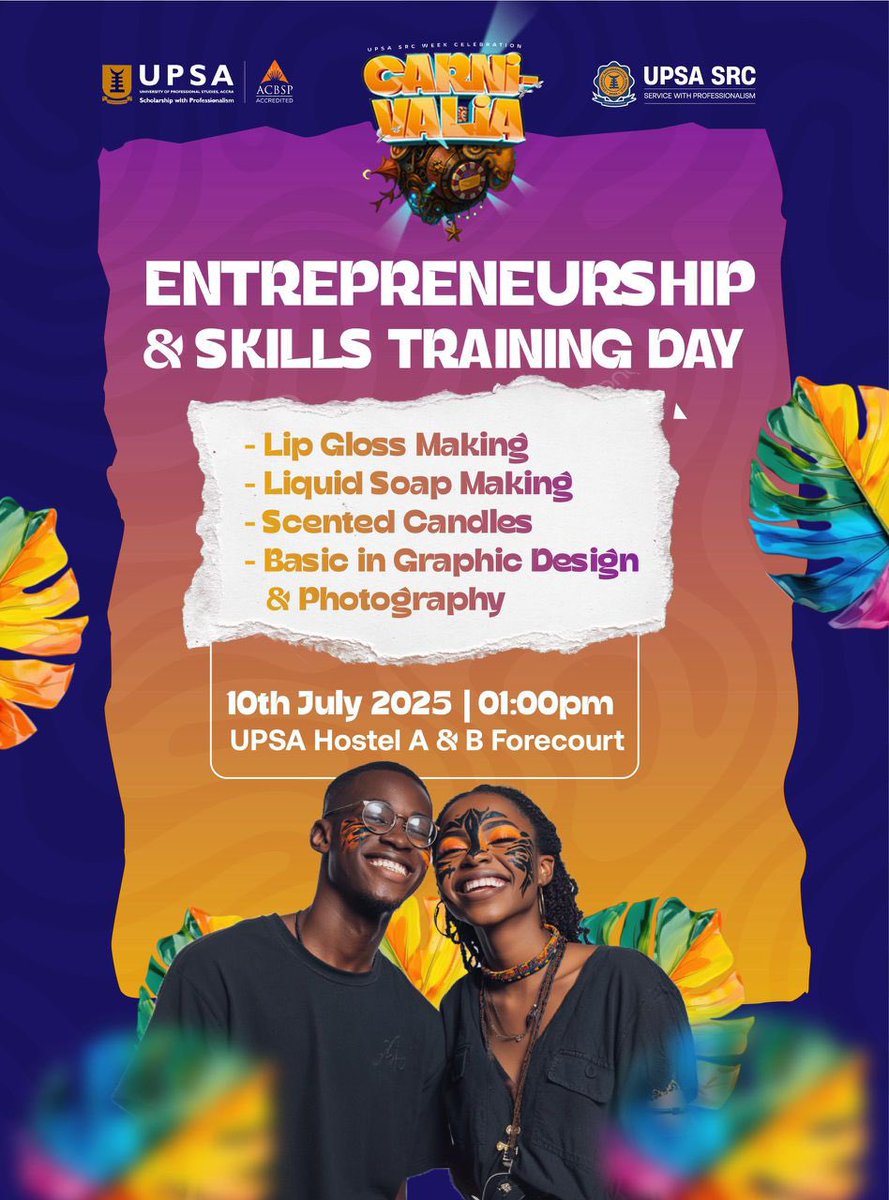 campusncentral's tweet photo. *Entrepreneurship &amp; Skills Training Day is here!*

Join us this afternoon at UPSA Hostel A &amp; B Forecourt for a hands-on session designed to inspire, empower, and equip you with practical knowledge.

Don’t miss this exciting part of Carnivala 2025. https://t.co/uBSIiPpSfI