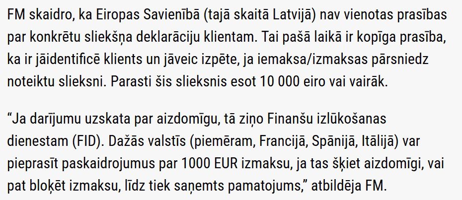 Tālis Linkaits (@talis_l) on Twitter photo Spilgts citāts. <a href="/Finmin/">Finanšu ministrija</a>: parasti sliekšņa deklarāciju slieksnis ir 10’000€, bet mēs Latvijā prasīsim no 750€. Spilgts citāts. <a href="/Finmin/">Finanšu ministrija</a>: parasti sliekšņa deklarāciju slieksnis ir 10’000€, bet mēs Latvijā prasīsim no 750€.
