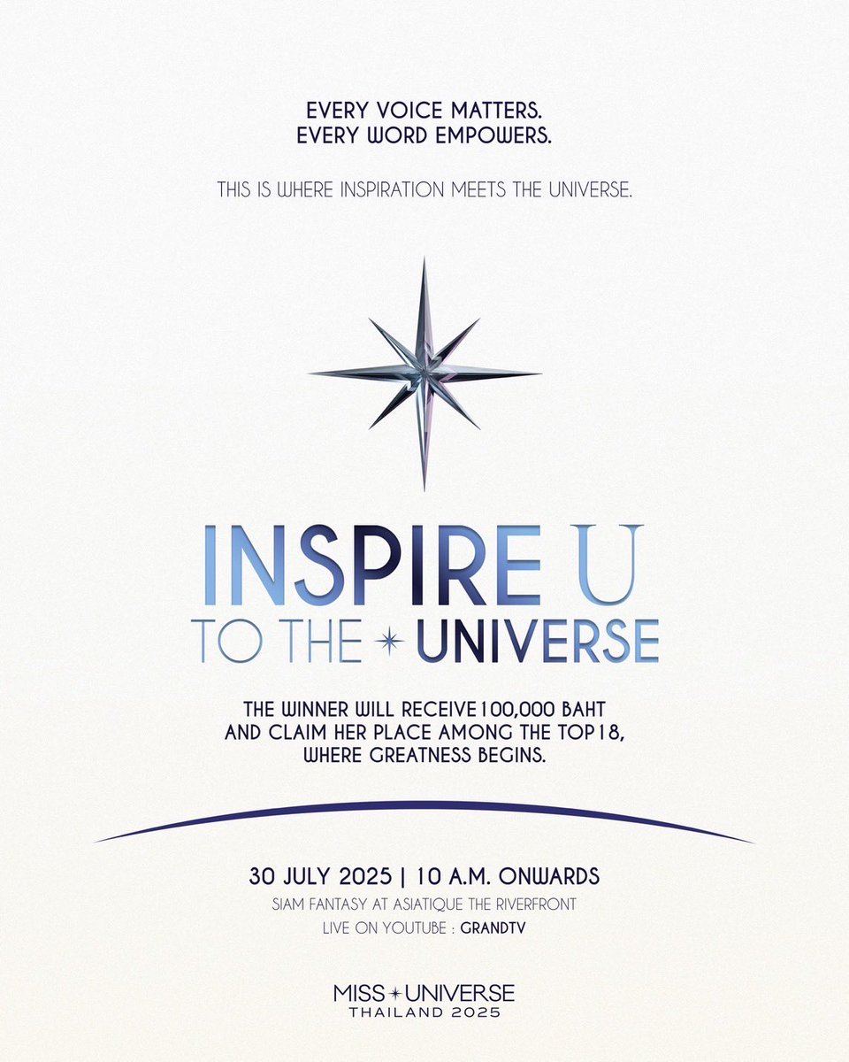 ✦ 📣 We rise to voice the 𝐔𝐍𝐈𝐕𝐄𝐑𝐒𝐄! 

ร่วมเป็นส่วนหนึ่งกับการแข่งขันรอบพิเศษ “𝐈𝐧𝐬𝐩𝐢𝐫𝐞 𝐔 𝐓𝐨 𝐓𝐡𝐞 𝐔𝐧𝐢𝐯𝐞𝐫𝐬𝐞” เพราะเสียงของพวกเธอคือพลังที่จะส่งต่อถึงผู้หญิงทั้งจักรวาล

30 July 2025 
10.00 AM. (BKK Time) 
At Siam Fantasy, Asiatique The Riverfront