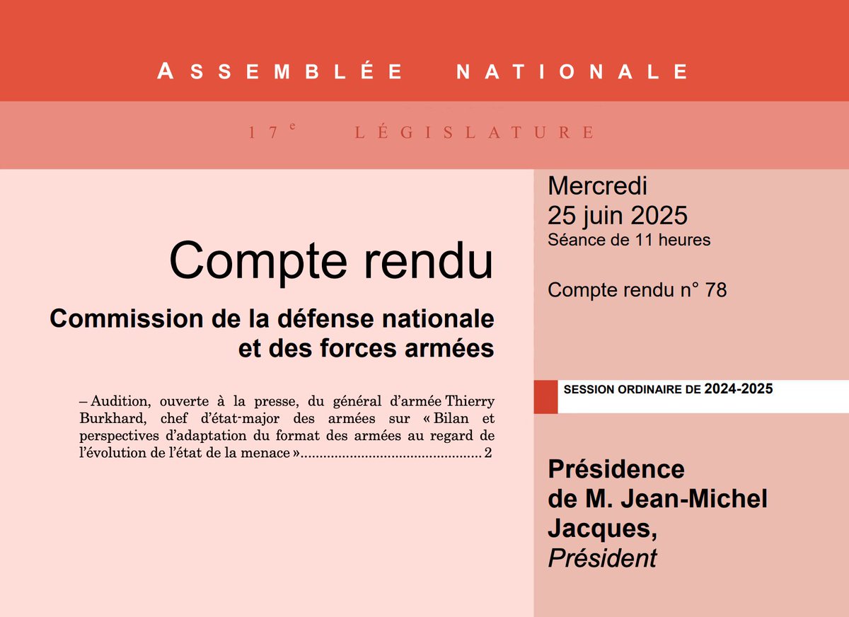 AN_Defense's tweet image. 📙 Le compte-rendu de l'audition du général d’armée Thierry Burkhard, @CEMA_FR, sur le bilan et les perspectives d’adaptation du format des armées au regard de l’évolution de l’état de la menace est en ligne 👉 assnat.fr/tAMqLZ.
#Défense #DirectAN