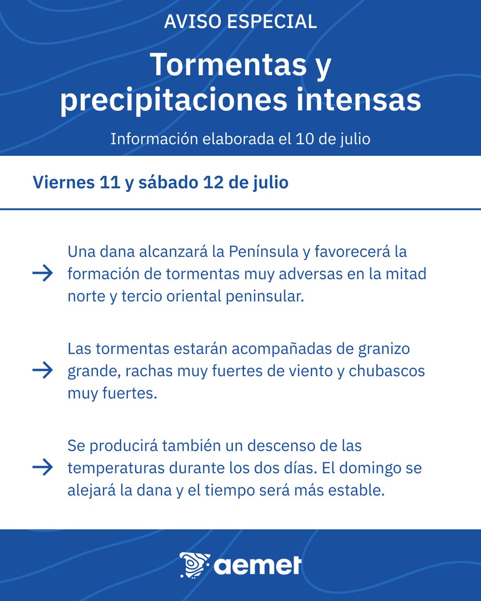 ⚠️ AVISO ESPECIAL | Tormentas y precipitaciones intensas. Afectarán al norte y tercio este de la Península el viernes y sábado.

Más información 👉
aemet.es/es/eltiempo/pr…