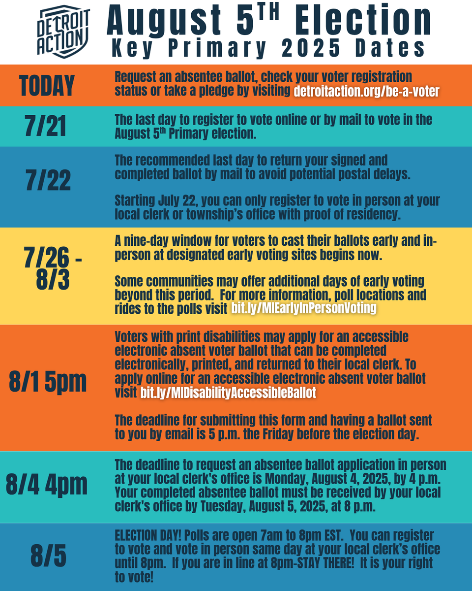 Detroit_Action's tweet image. Save this💾! Share this 🔁!
Your voice and your vote matters so Detroit Action is making it easy for you to stay informed with our August 5th Election - Key Primary 2025 Dates!
You can always get started at detroitaction.org/be-a-voter
#detroitaction #primariesmatter #aug5