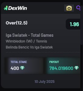 Xyronis ๐
(@onchainverse) on Twitter photo ๐พ Bencic vs Swiatek โ Wimbledon thriller!
Threw 400 $USDT on Over 12.5 games for Swiatek to win 784 $USDT ๐ฅ
Best betting odds in Wimbledon Tennis today!
<a href="/DexWin_Sports/">DexWin Crypto Betting</a> = decentralized sports betting with zero fees & instant withdrawals ๐ ๐พ Bencic vs Swiatek โ Wimbledon thriller!
Threw 400 $USDT on Over 12.5 games for Swiatek to win 784 $USDT ๐ฅ
Best betting odds in Wimbledon Tennis today!
<a href="/DexWin_Sports/">DexWin Crypto Betting</a> = decentralized sports betting with zero fees & instant withdrawals ๐