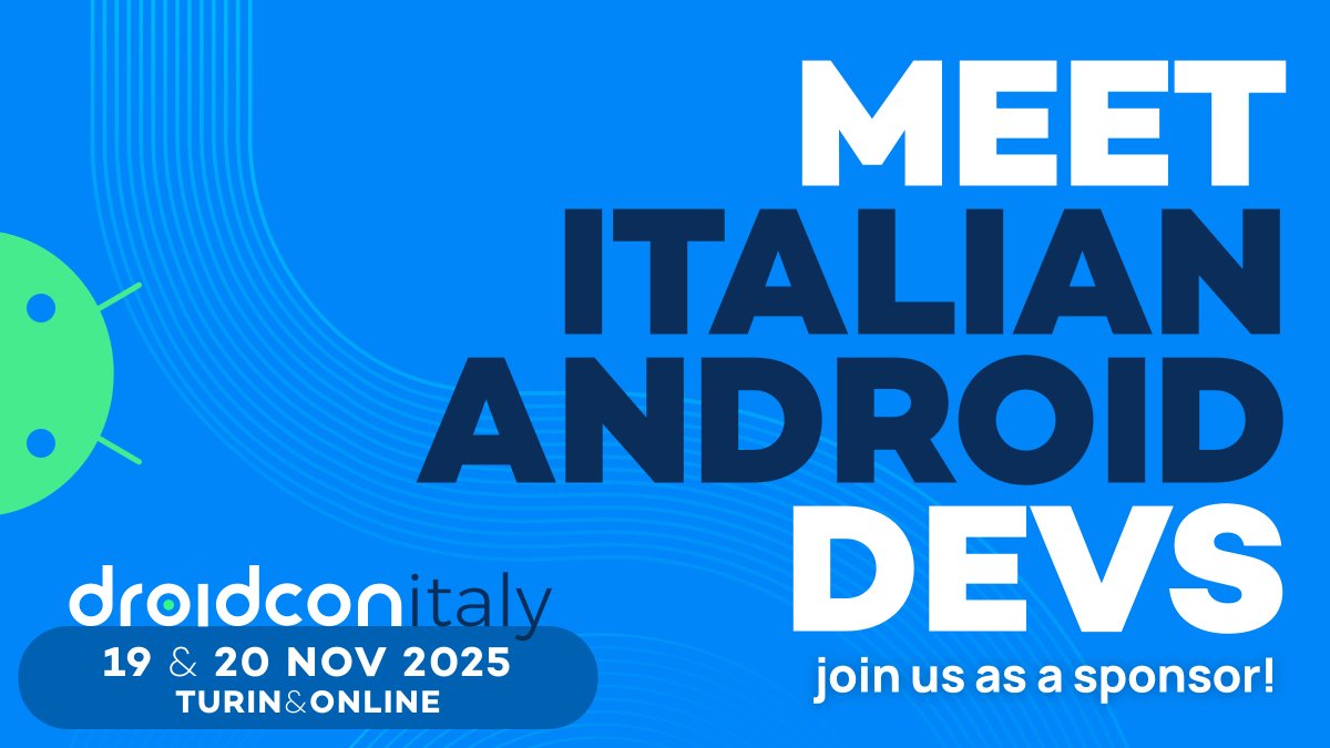 Droidconit's tweet image. 👋🏻 Want to meet Italy’s Android dev community face-to-face?
Join us as a sponsor at @Droidconit 2025 and position your brand in front of one of the most engaged and growing Android ecosystems in Europe.
📍 Turin | 🗓️ November 19–20, 2025
Whether you're #hiring, #launching a…