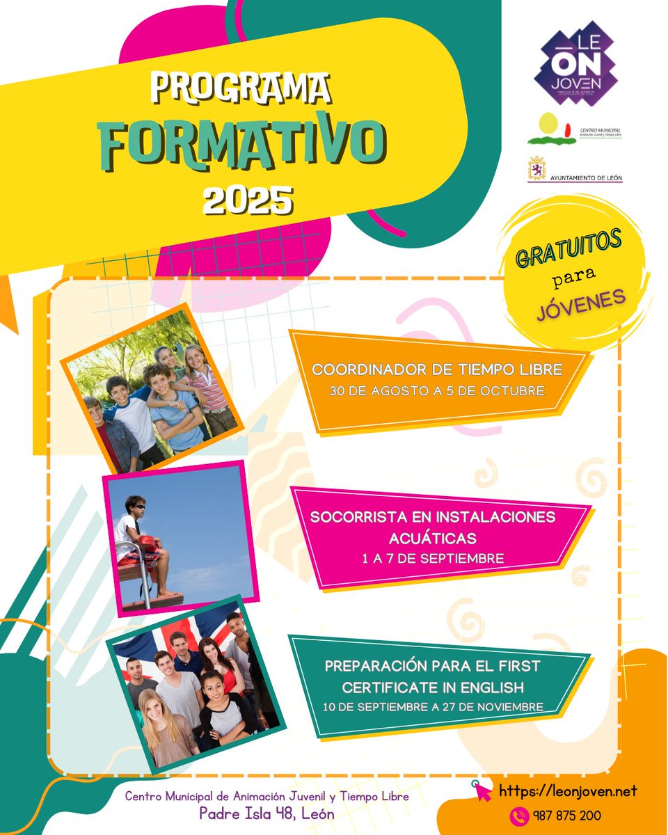 La Concejalía de Juventud lanza su programa formativo para jóvenes:

🤸‍♀️ Coordinador de tiempo libre
🏊‍♀️ Socorrista en instalaciones acuáticas
🇬🇧 Preparación para el First Certificate in English

ℹ️Consulta toda la información: tinyurl.com/nd59hmyj

<a href="/Leonjoven/">Leónjoven</a>
#LeónEsp