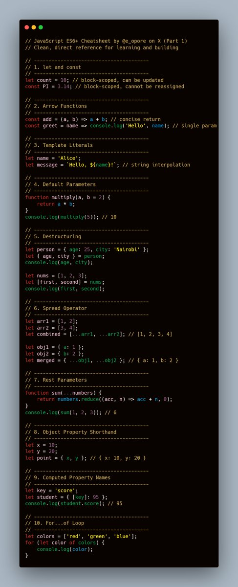 e_opore's tweet photo. JavaScript ES6+ Cheatsheet.

Grab a copy of Javascript in 30days Course; https://t.co/GGKItklhcn https://t.co/esGfzYrK3E