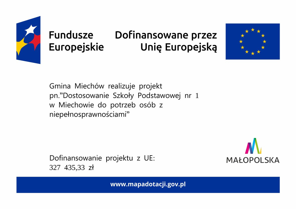 Gmina Miechów realizuje projekt pn. "Dostosowanie Szkoły Podstawowej nr 1 do potrzeb osób z niepełnosprawnościami".
Wartość projektu:  385 218,07 zł
Wysokość wkładu z Funduszy Europejskich: 
327 435,33 zł
Okres realizacji: 01.01-30.09.2025
#FunduszeUE