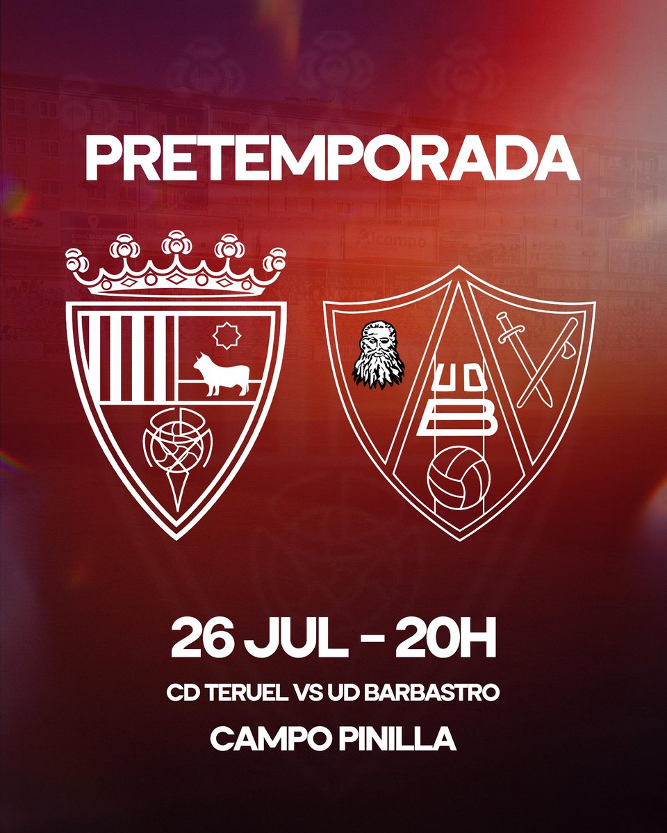 Club Deportivo Teruel (@teruelcd) on Twitter photo 🏟️¡Amistoso confirmado contra <a href="/UD_Barbastro/">U.D. Barbastro</a> ! Segundo partido de pretemporada en casa.
🗓️26 de julio
🕢 20h
📍Pinilla 🏟️¡Amistoso confirmado contra <a href="/UD_Barbastro/">U.D. Barbastro</a> ! Segundo partido de pretemporada en casa.
🗓️26 de julio
🕢 20h
📍Pinilla