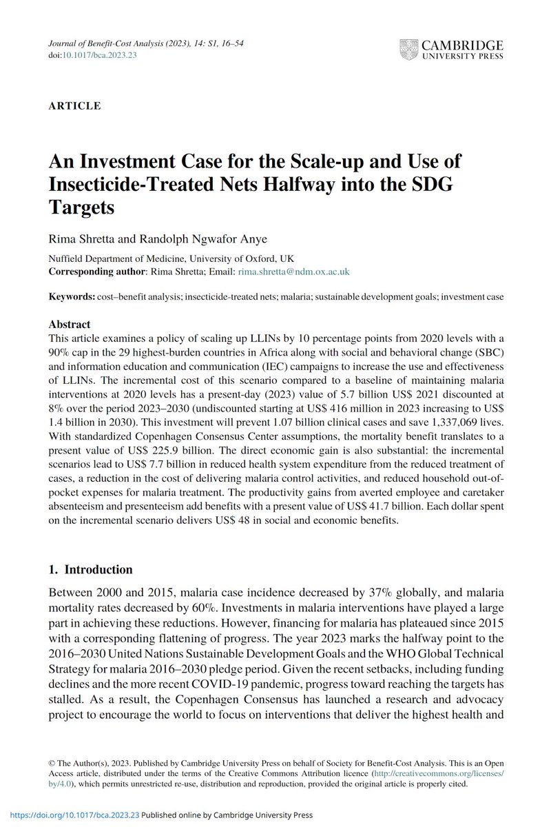 Fixing malaria is one of the most efficient solutions for the world. $1.1 billion can save 200,000 per year, delivering benefits worth 48x the cost. 

Peer-reviewed #SDGs research for Copenhagen Consensus published by Cambridge University Press

cambridge.org/core/journals/…