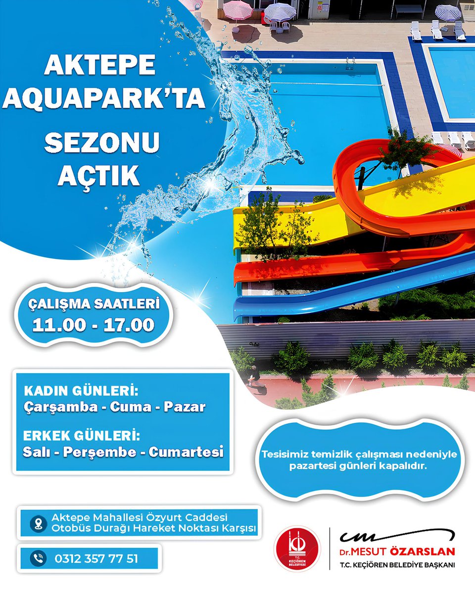 Aktepe Aquapark'ta yaz sezonu başladı. 🏖 

Keçiörenli hemşehrilerimiz için serinlemenin ve eğlencenin adresi hazır, sizleri bekliyor.

📍 Aktepe Mahallesi Özyurt Caddesi
🕚 11.00 - 17.00
📌 Pazartesi günleri temizlik nedeniyle kapalıdır.

🛟 Tüm hemşehrilerimizi bekliyoruz.