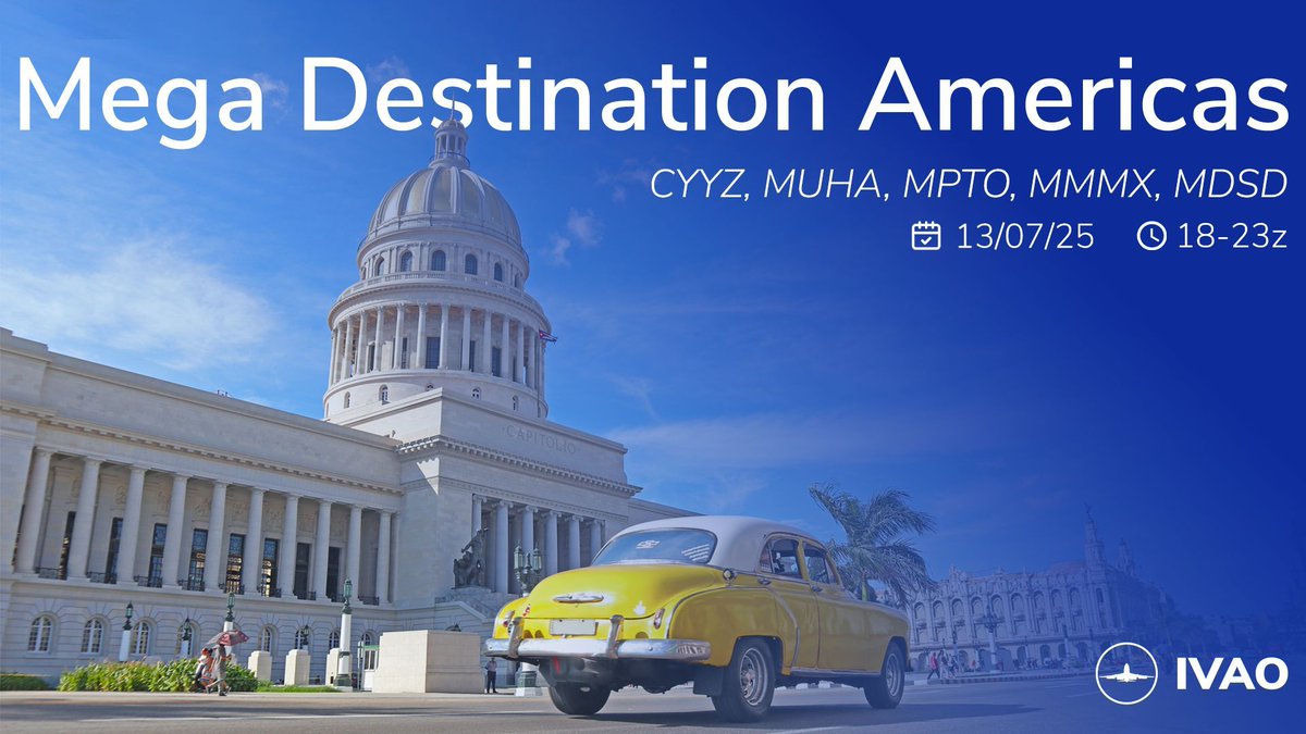 ivaoaero's tweet photo. 🌎 Mega Destination America
📍 CYYZ | MUHA | MPTO | MMMX | MDSD
🗓️ 13th July | ⏰ 18z - 22z

Fly across regions, explore different airspaces, and enjoy full ATC coverage throughout the continent. 🌍✈️

🧭 5 countries. Endless routes. One sky.

#IVAO #IVAOEvents #VirtualAviation https://t.co/bpeSxlGiqh