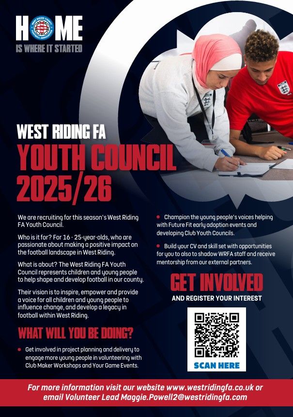 Aged 16-25 and want to make a positive impact on #WestRidingFootball? ✅ 

Apply to join our Youth Council for 2025/26! ⬇️ 

buff.ly/YYbrBxw