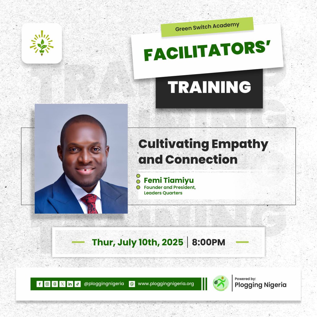 Tonight, for our <a href="/GreenSwitchAcad/">The Green Switch Academy</a> Facilitators Training, we'll be in a session on "Cultivating Empathy and Connection" with <a href="/FemiTIAMIYU/">Femi TIAMIYU</a>, Founder and President of <a href="/LeadersQuarter1/">Leaders Quarters</a>.

We anticipate all the session will offer!!! 😇

#GreenSwitchAcademy   #GreenSwitchOn