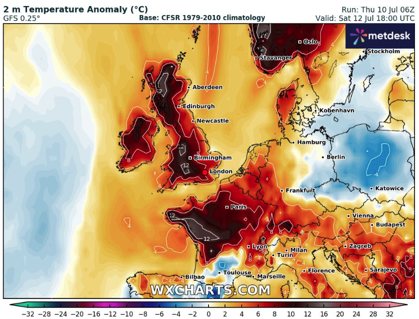 PGDynes's tweet image. Most of France, the UK, Ireland, and even Norway will be baking under temperatures 8°C+ above normal this Saturday. Meanwhile, flooding is predicted in large areas of Eastern Europe simultaneously. Climate trends are moving towards increasing instability.