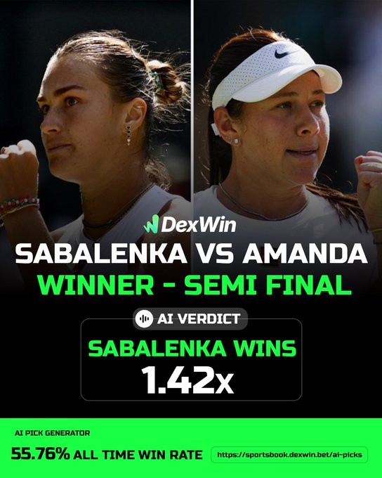Wimbledon 🏴󠁧󠁢󠁥󠁮󠁧󠁿 Tennis Betting Predictions, Tennis Betting Lines & Wimbledon 2025 Tennis Betting Odds Today 🎾 

Aryna Sabalenka vs Amanda Anisimova - Sabalenka to defeat Amanda @ 1.42 ✅ 

Follow @dexwin.bet for the best Tennis betting odds, Tennis betting picks and Tennis predictions today 🎾