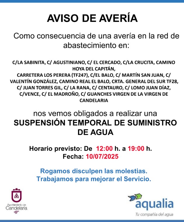 🚱 Aqualia informa de un corte de suministro de agua como consecuencia de una avería en la red de abastecimiento en Las Cuevecitas, zona del Cementerio y parte baja de Araya.
🗓️ Fecha: martes, 10 de julio
⌚ Tiempo previsto: 12.00 a 19.00 h
ℹ️ Más información en el 900 810 626