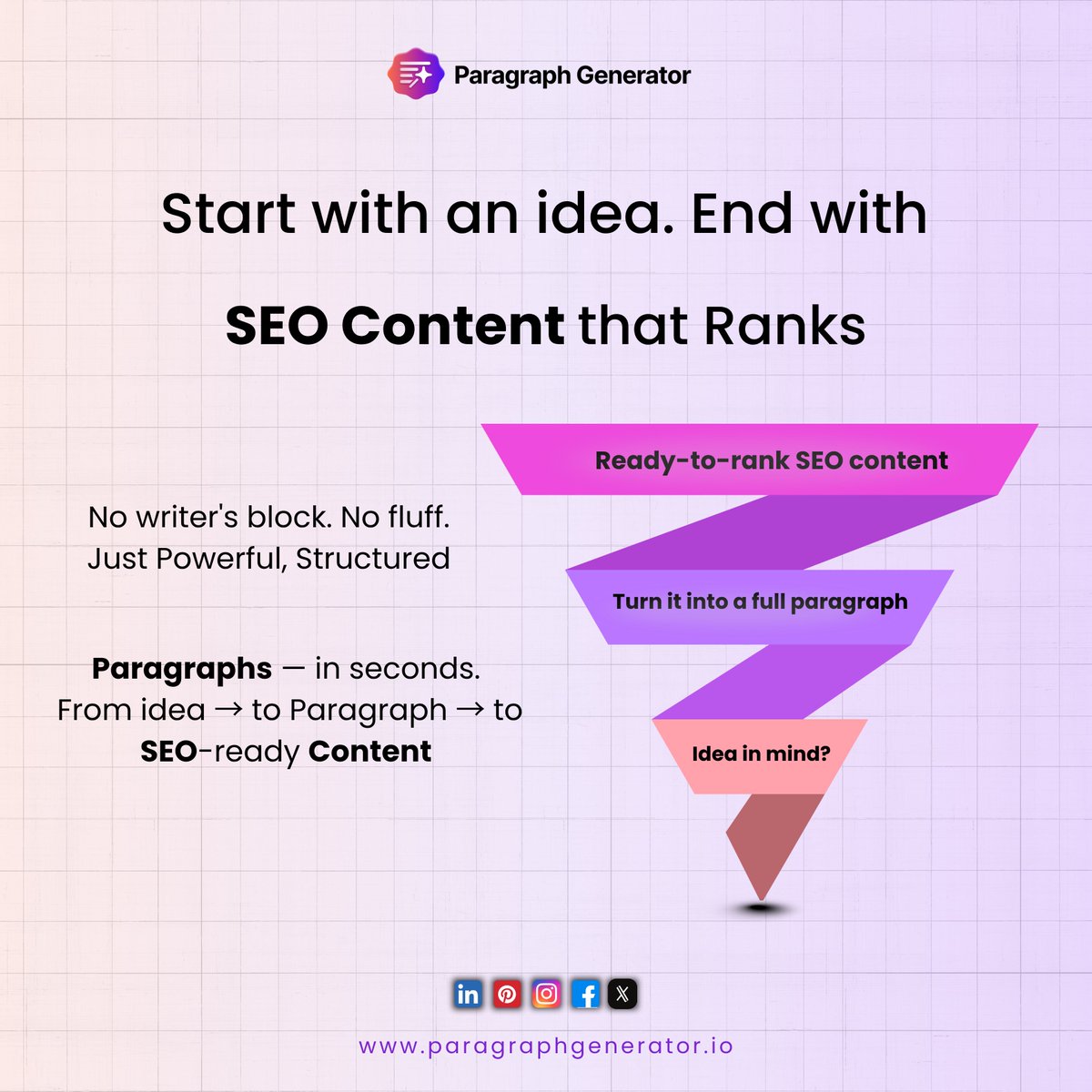 Para_Generator's tweet image. Best Paragraph Writing Ideas for SEO Content Creators

Whether you're a blogger, content marketer, or student.
focus your message, structure your text, and generate high-quality SEO-friendly paragraphs in seconds.

Paragraph
writing ideas
SEO

#paragraphwriting #seocontent