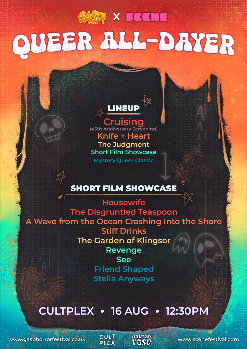 GASPHorrorFest's tweet image. The GASP! X SCENE Queer All-Dayer lineup is here!
On August 16th, we will be teaming up with @SCENE_Festival and returning to @CPXMCR to present a day full of queer horror greatness!
Poster artwork by Nathan Rose.